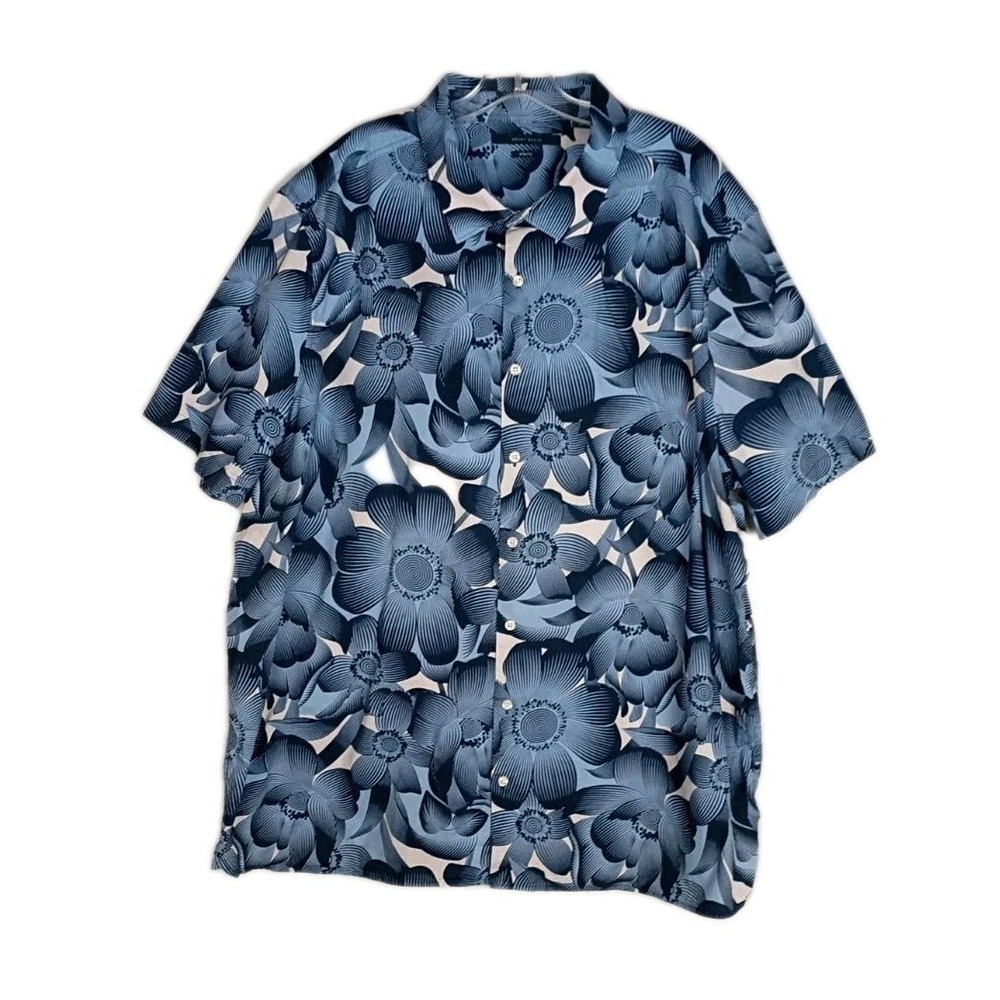 Perry Ellis 3X Shirt Men's Blue Navy White Floral sleeve untuck